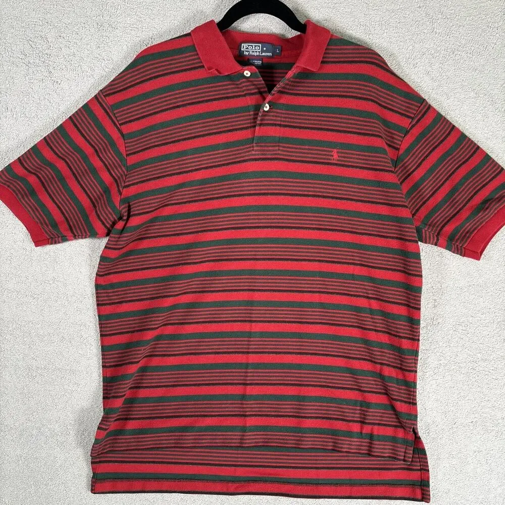 Vintage Polo By Ralph Lauren Size L Polo Red‎ Striped Short Sleeve Christmas